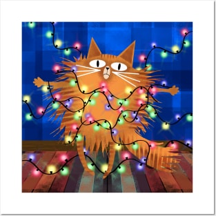 Ginger Cat Entangled by Christmas Tree Lights Posters and Art